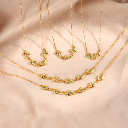 Personalised Leaves Pendant Necklace Custom 2 Names & 2 Birthstones Necklace Gifts for Her-Jessemade AU