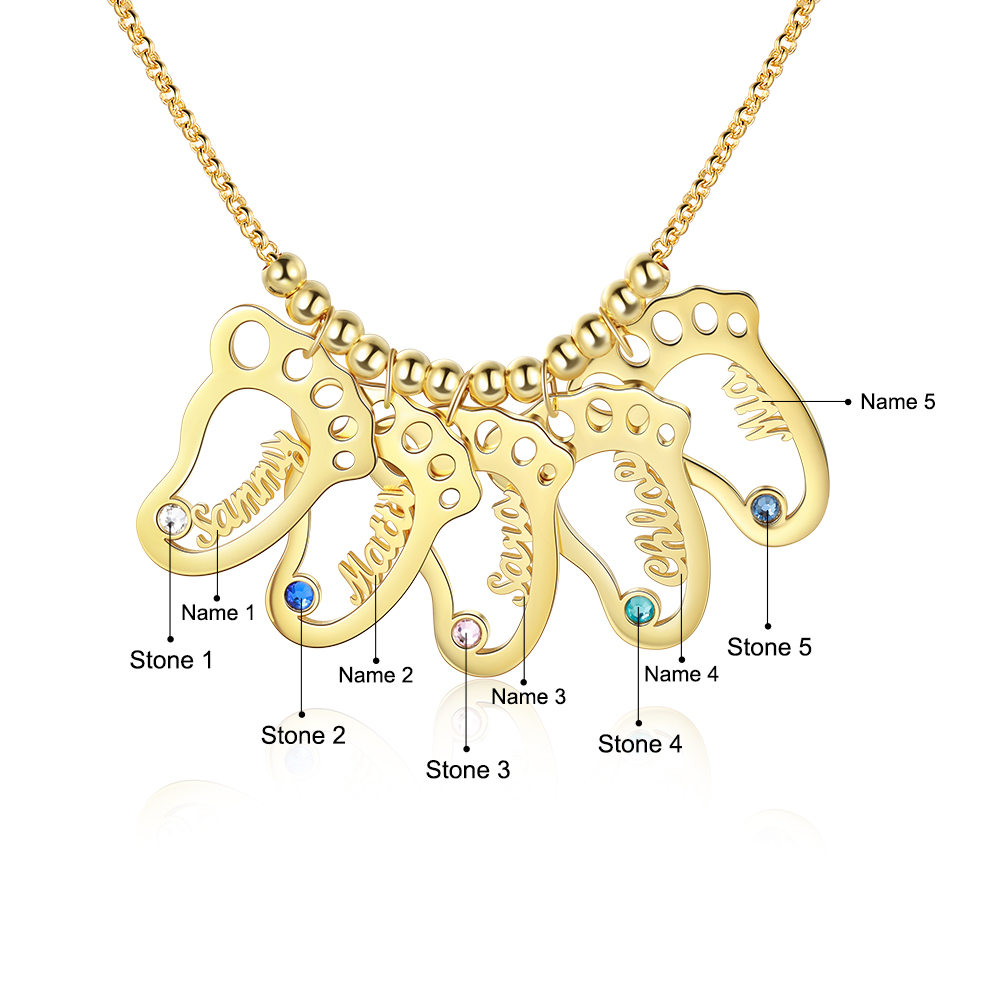 Personalised Baby Foot With 5 Birthstones Engraved Names Gift For Mother-Jessemade AU