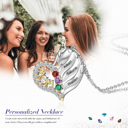 Personalised Heart Necklace With 3 Birthstones Engraved Names Gift For Mother-Jessemade AU