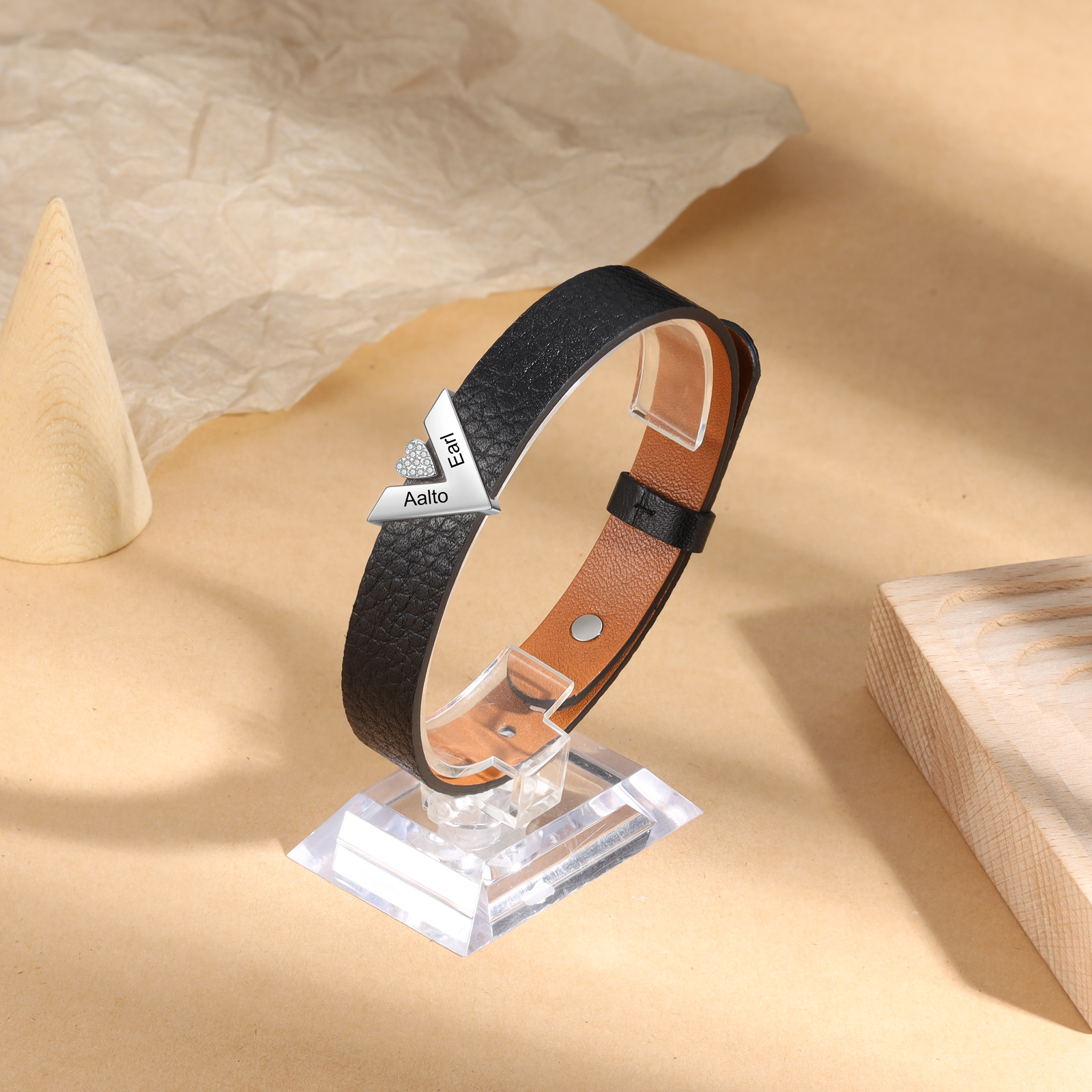 Personalised Leather Bracelet with Beads Engraved 2 Names Bangle for Him-Jessemade AU