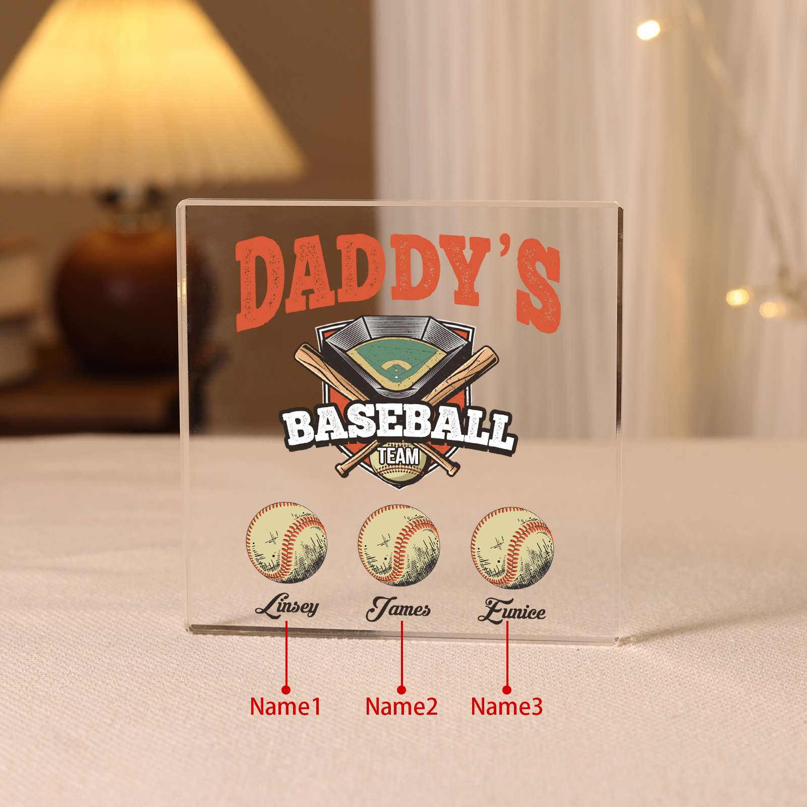 Personalised 3 Names Acrylic Square Keepsake Baseball Family Rectangle Plaque Father's Day Gifts - Daddy's Baseball Team-Jessemade AU