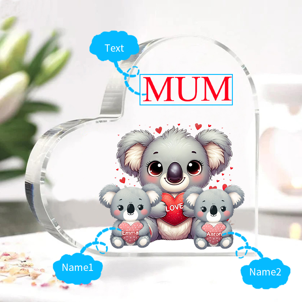 Personalised Acrylic Heart Keepsake Custom 1 Text & 2 Names Ornament Koala Family Gifts for Mother/Grandma-Jessemade AU