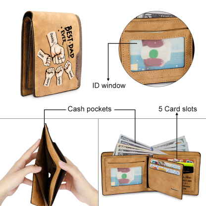 Best Dad Ever - Custom 5 Names & 1 Text Billfold Wallet Personalised Fist Bump Men's Leather Wallet