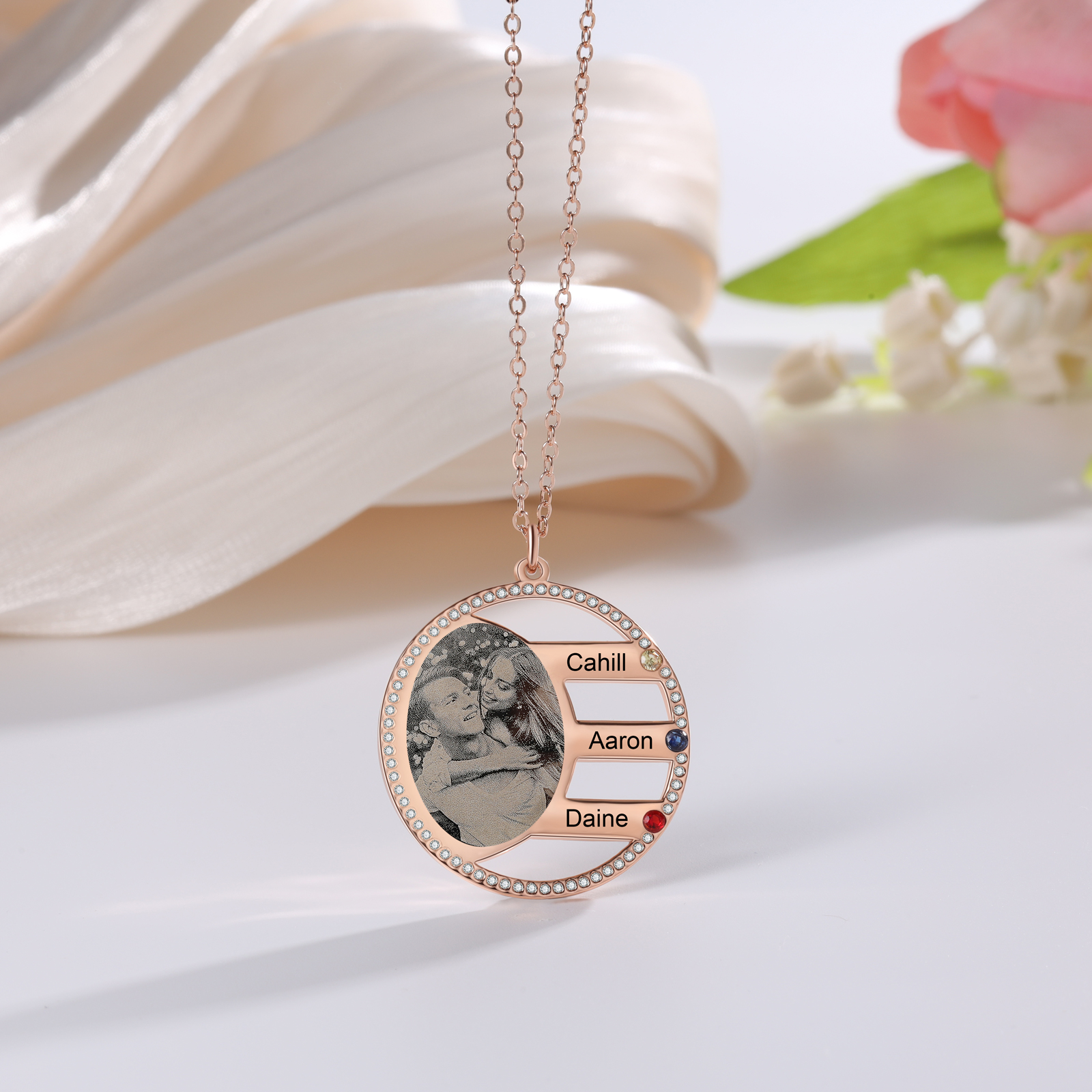 Personalised Photo Necklace Custom 3 Names Birthstone Necklace for Women-Jessemade AU