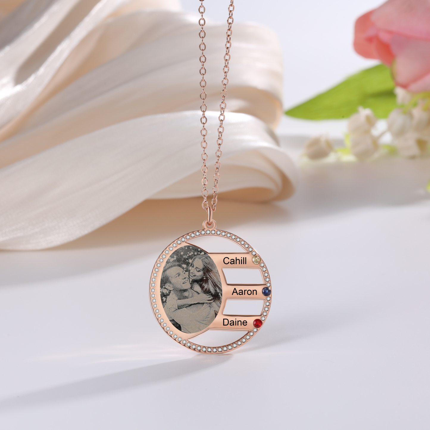 Personalised Photo Necklace Custom 3 Names Birthstone Necklace for Women-Jessemade AU