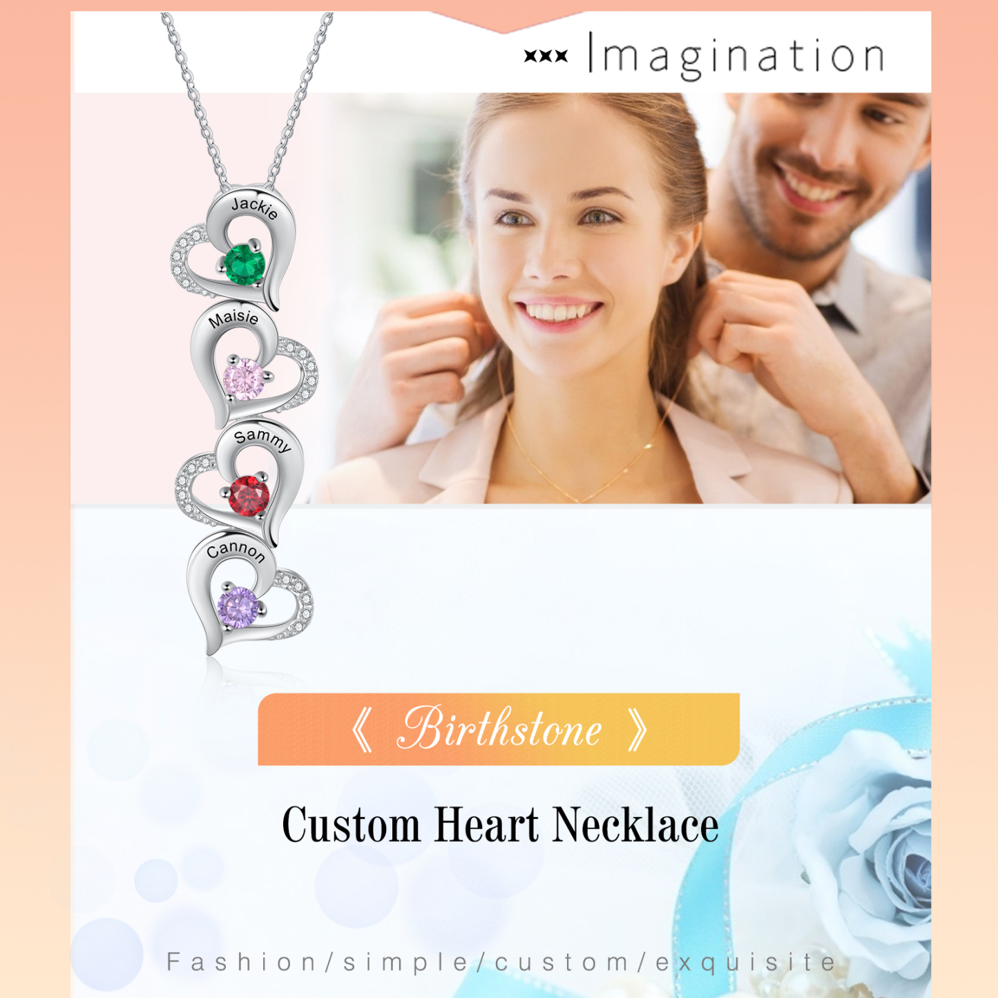 Personalised Heart Necklace With 4 Birthstones Engraved Names Gift For Her-Jessemade AU