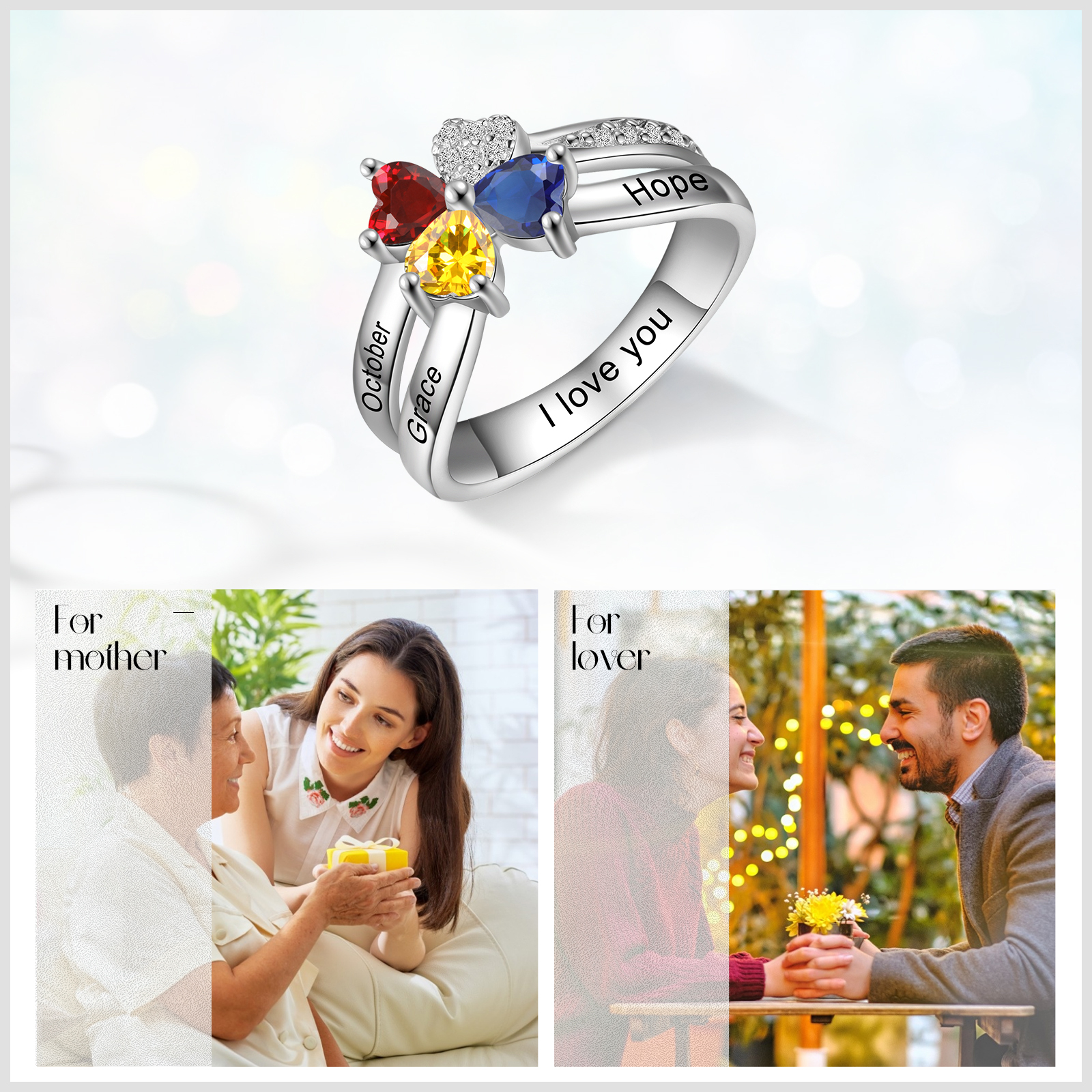 Personalised Ring With 3 Birthstones Engraved Names Ring Best Gift For Women-Jessemade AU