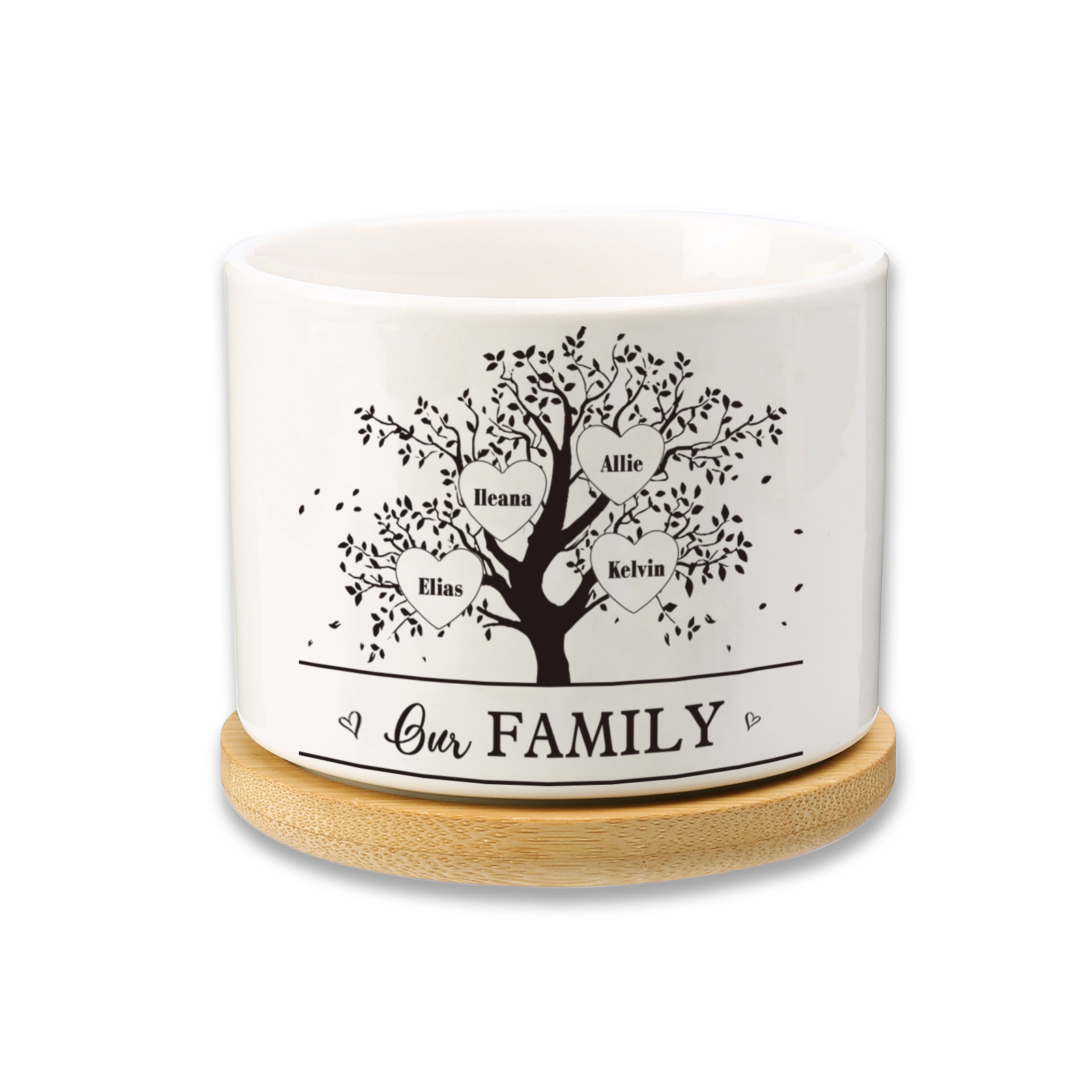 Personalised Ceramic Flowerpot with Wooden Base Custom 4 Names & 1 Text Family Tree Flowerpot Gift for Mother/Grandma-Jessemade AU