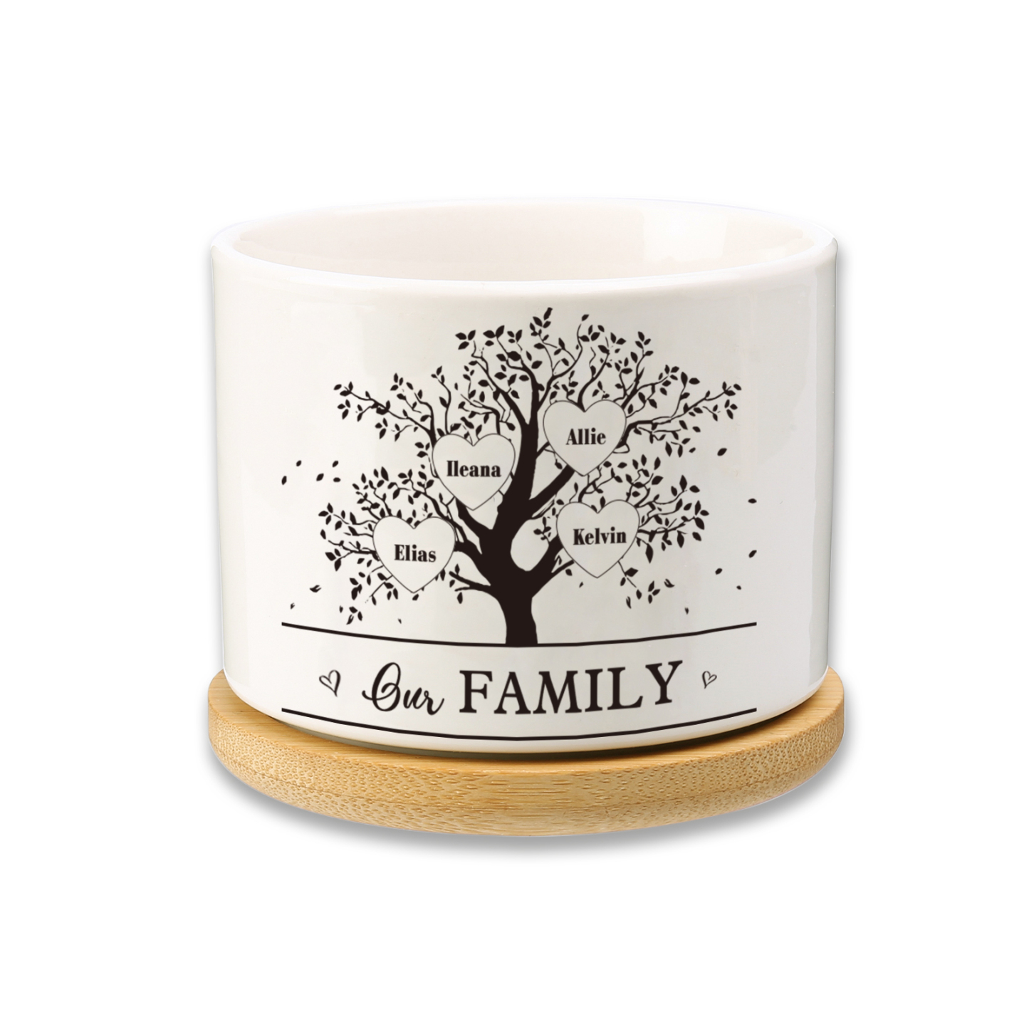 Personalised Ceramic Flowerpot with Wooden Base Custom 4 Names & 1 Text Family Tree Flowerpot Gift for Mother/Grandma-Jessemade AU