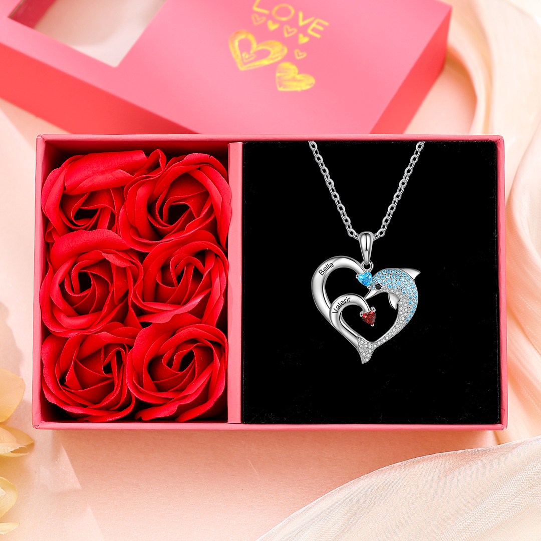 Personalised Heart Dolphin Necklace With 2 Birthstones Engraved Names Gift For Mum-Jessemade AU