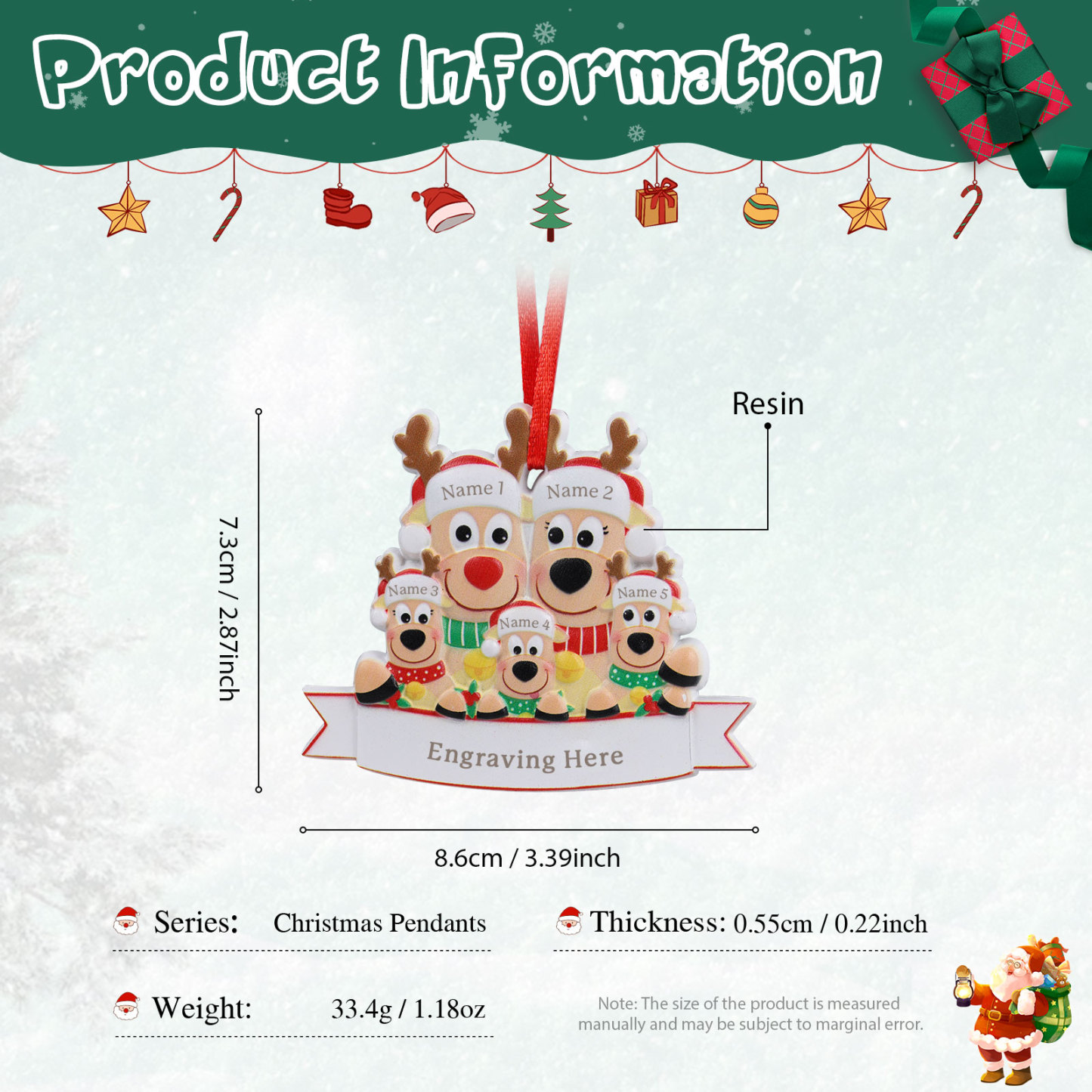 Personalised 5 Names & Text Reindeer Christmas Ornament Resin Christmas Tree Pendant for Family-Jessemade AU