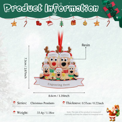 Personalised 5 Names & Text Reindeer Christmas Ornament Resin Christmas Tree Pendant for Family-Jessemade AU