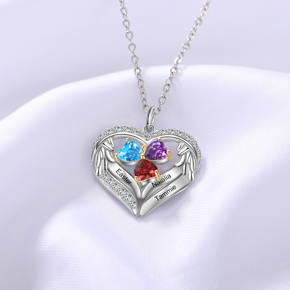 Personalised Wings Necklace With 3 Heart Birthstones Engraved Names Gift For Women-Jessemade AU
