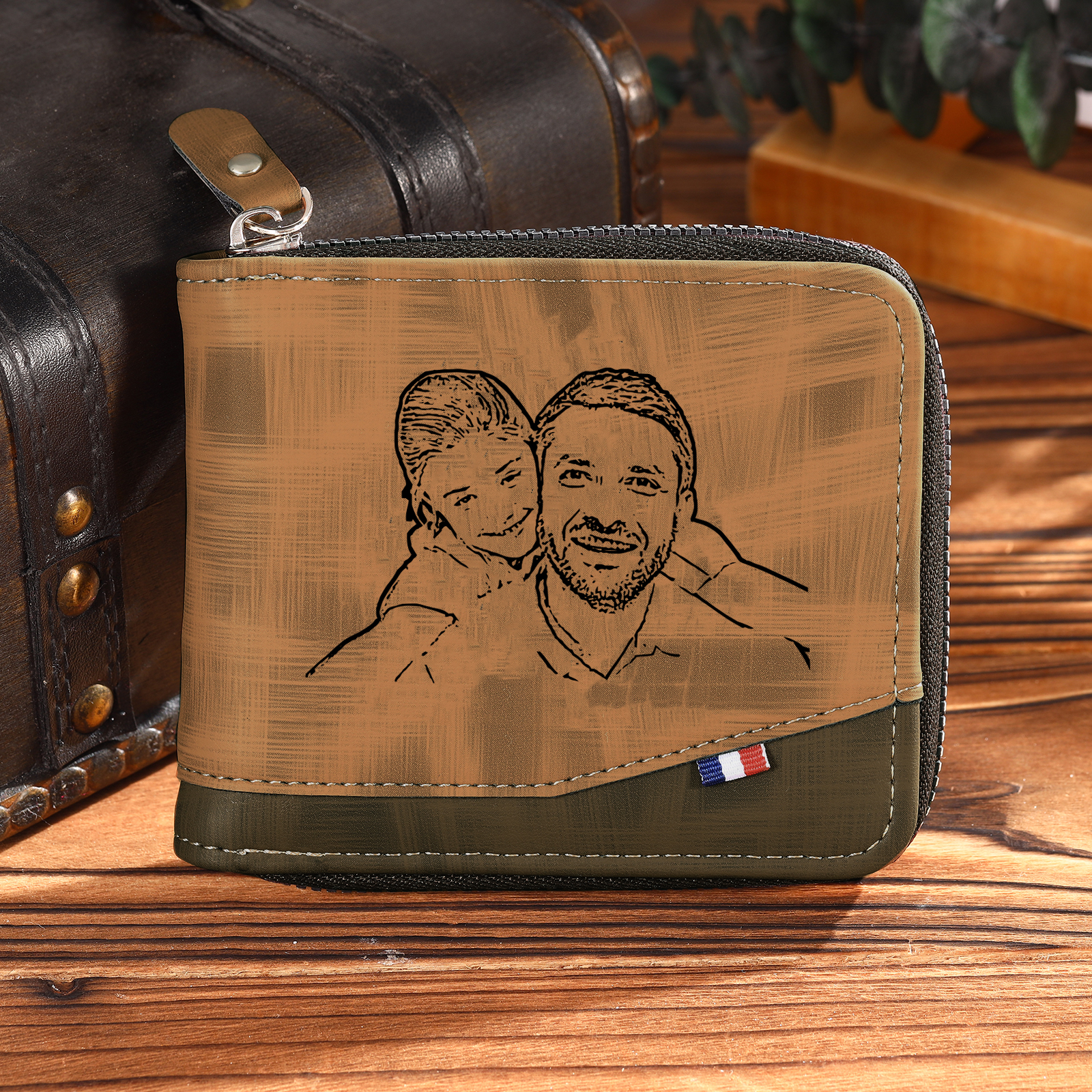 Personalised Photo & Text Billfold Wallet Custom Men's Leather Wallet Zipper Gifts for Him Brown-Jessemade AU