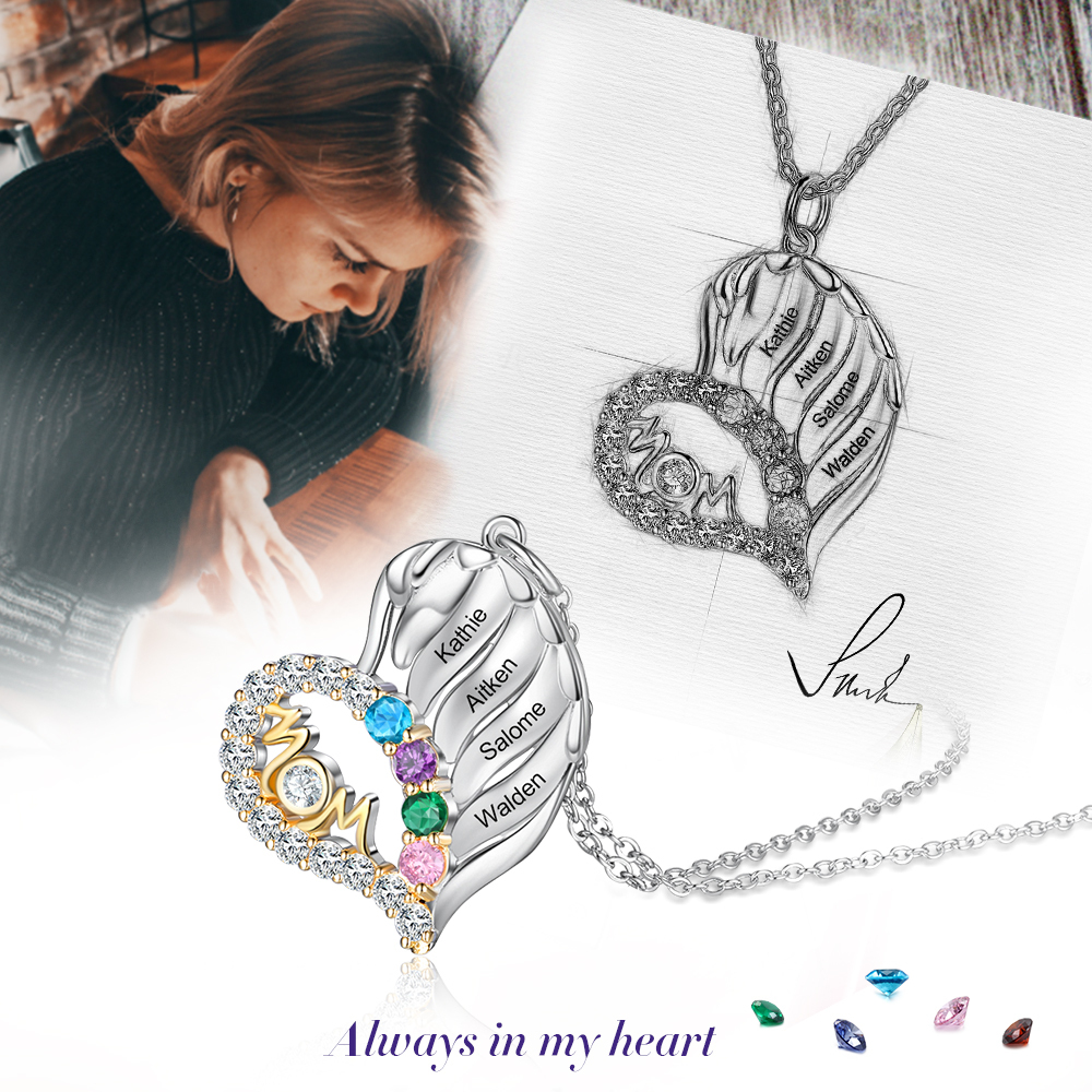 Personalised Heart Necklace With 3 Birthstones Engraved Names Gift For Mother-Jessemade AU