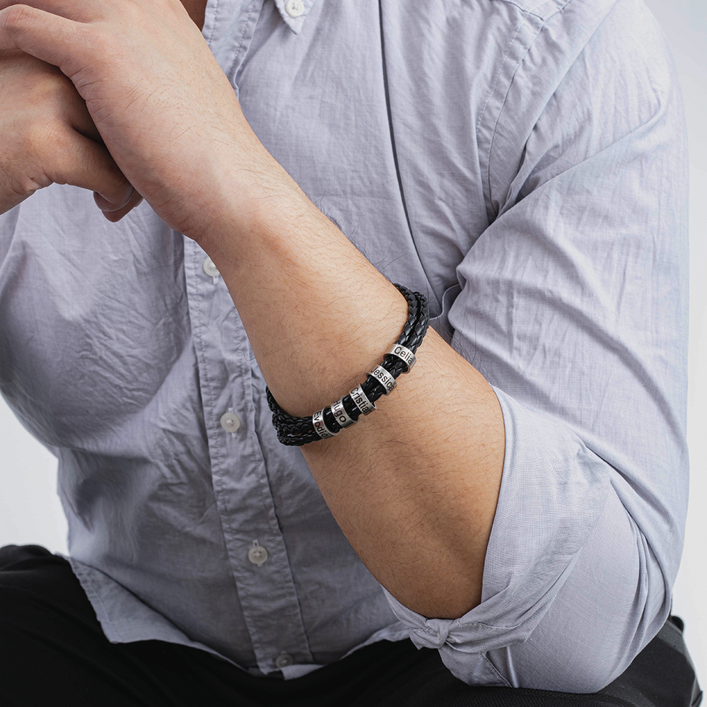 Braided Leather Personalised Name 4 Beads Men's Bracelets Gifts For Him Best Gift For Dad-Jessemade AU