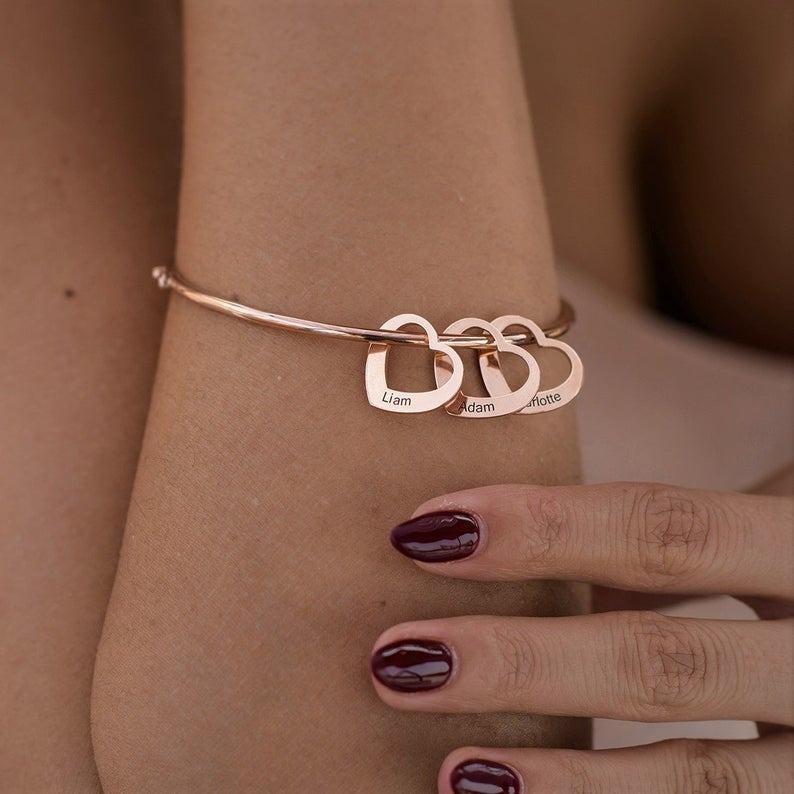 Personalised Love Bracelet with 3 Heart Charms Engraved Name Bangle Bracelet for Her
