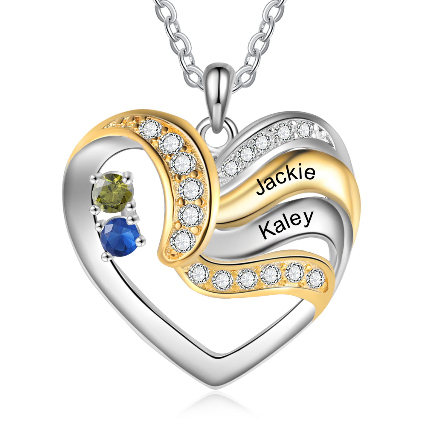 Personalised Heart Necklace with 2 Birthstones Engrave Names Family Necklace for Mom-Jessemade AU