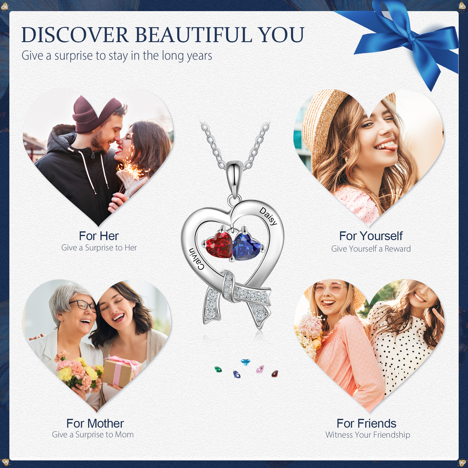 Personalised Heart Necklace With 2 Birthstones Custom Names Best Gift For Women-Jessemade AU