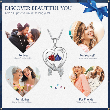 Personalised Heart Necklace With 2 Birthstones Custom Names Best Gift For Women-Jessemade AU