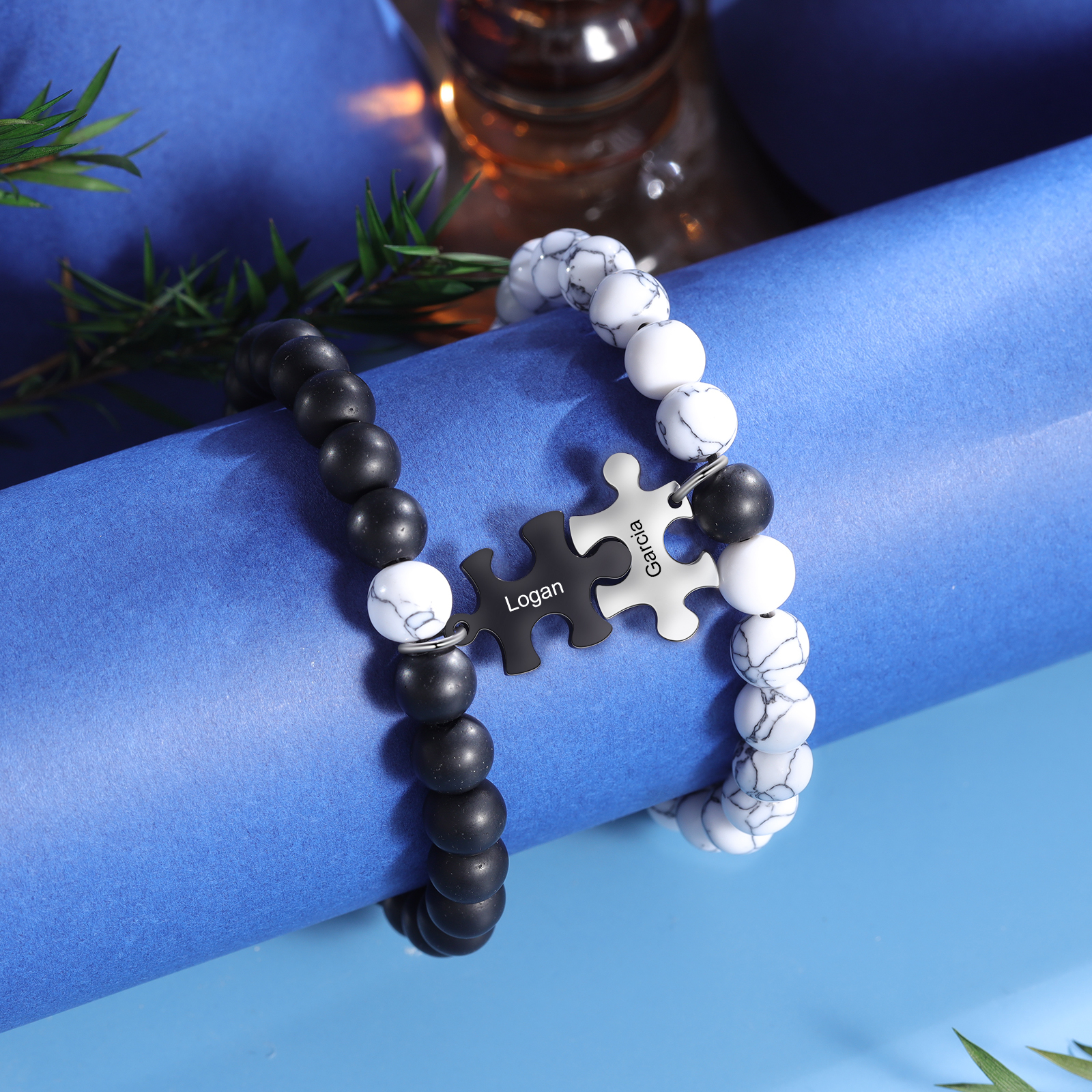 Personalised Puzzle Bracelet Set Customised 2 Names Beaded Bracelet Gift for Couples-Jessemade AU