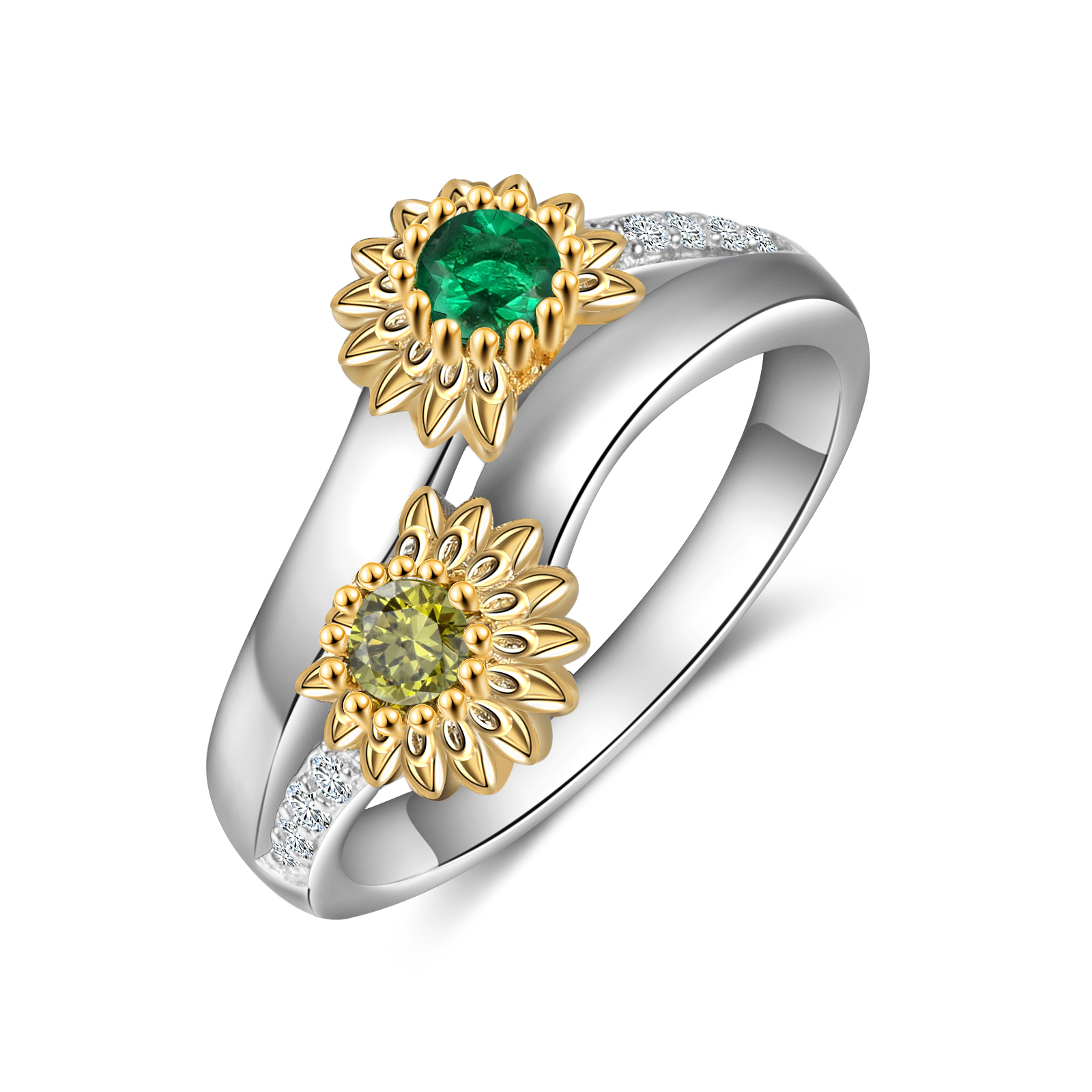 Personalised Sunflower Ring With 2 Birthstones Engraved Names Ring Gift For Women-Jessemade AU