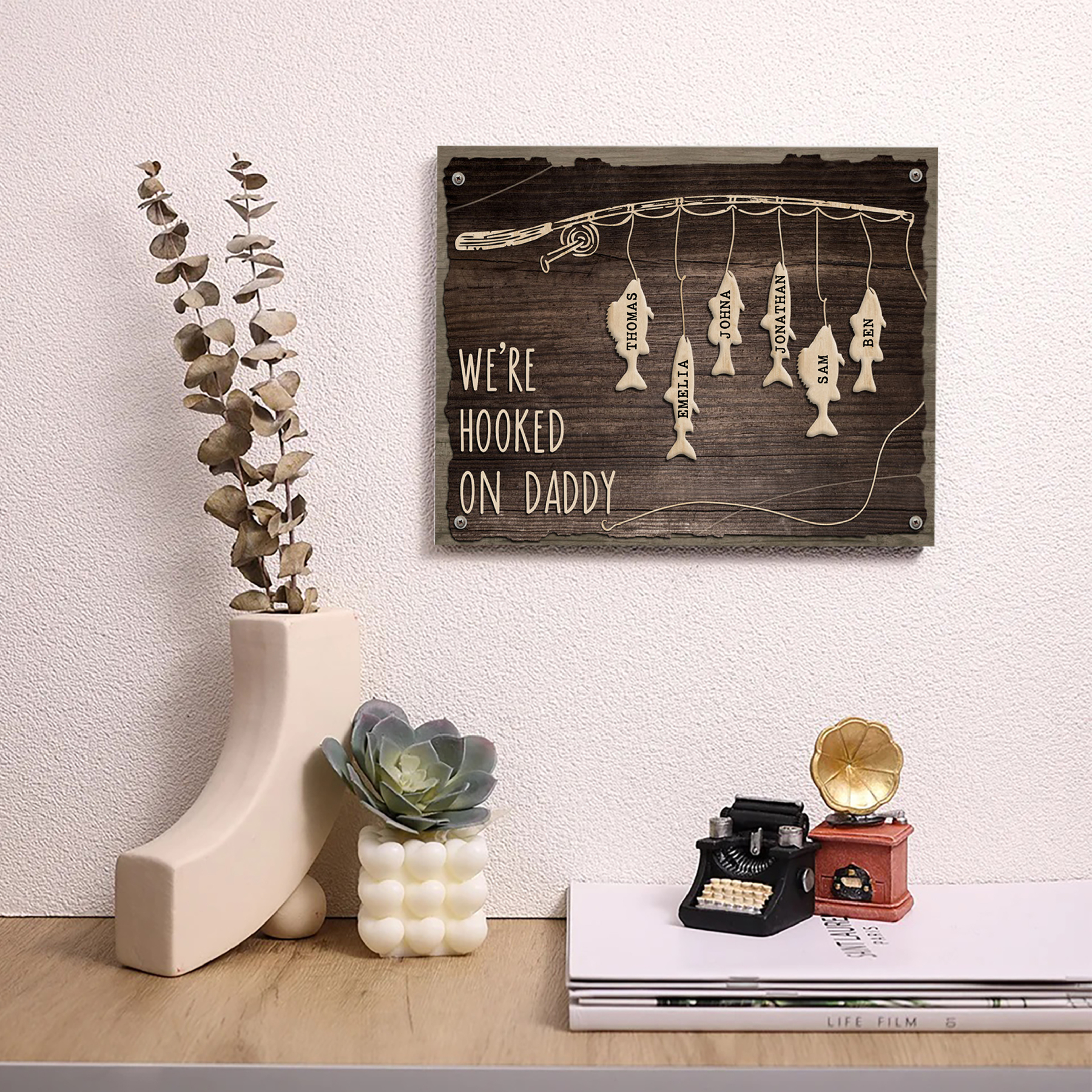 Father's Day Gifts Wood Signs Engrave 6 Names Frame Keepsake -We've Hooked On Daddy-Jessemade AU