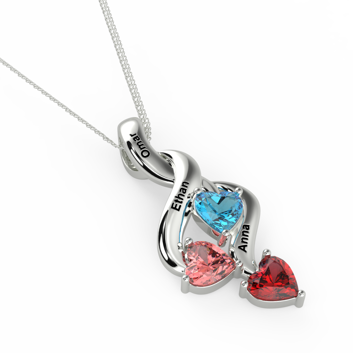 Personalised Necklace With 3 Heart Birthstones Engraved Names Gift For Women-Jessemade AU