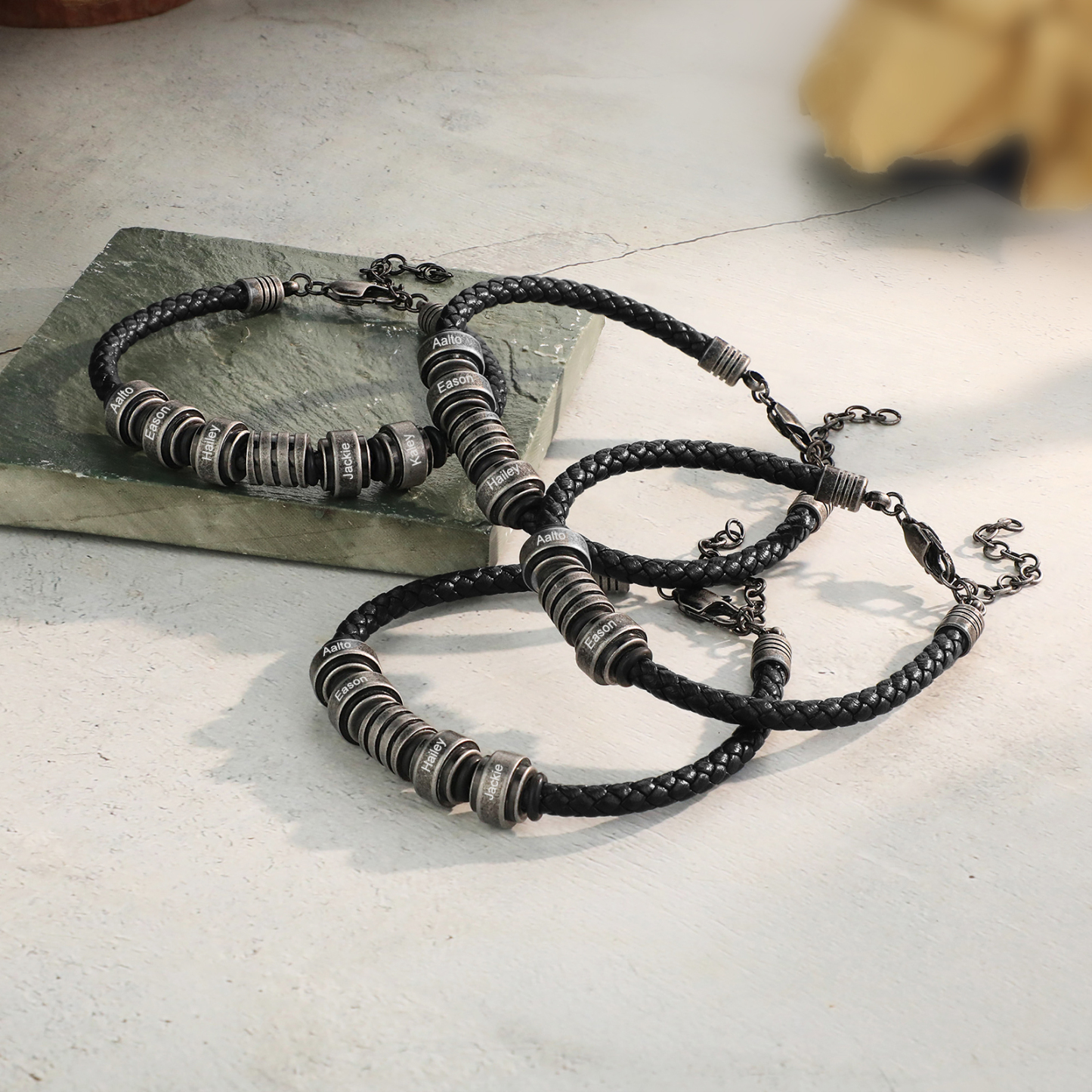 Personalised Men's Leather Bracelet Engraved 4 Names Adjustable Bracelet Vintage Gift for Him-Jessemade AU