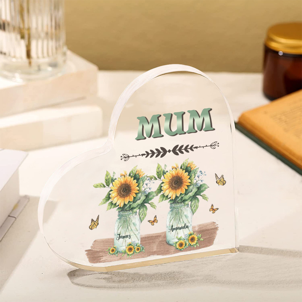 Personalised Acrylic Heart Keepsake Custom 2 Names & 1 Text Sunflower Vase Ornament Gifts for Mother/Grandma-Jessemade AU