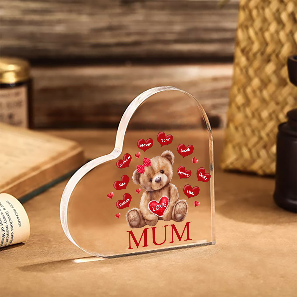 9 Names - Personalised Acrylic Heart Keepsake Custom 2 Texts Teddy Bear Ornaments Gifts for Grandma/Mother-Jessemade AU