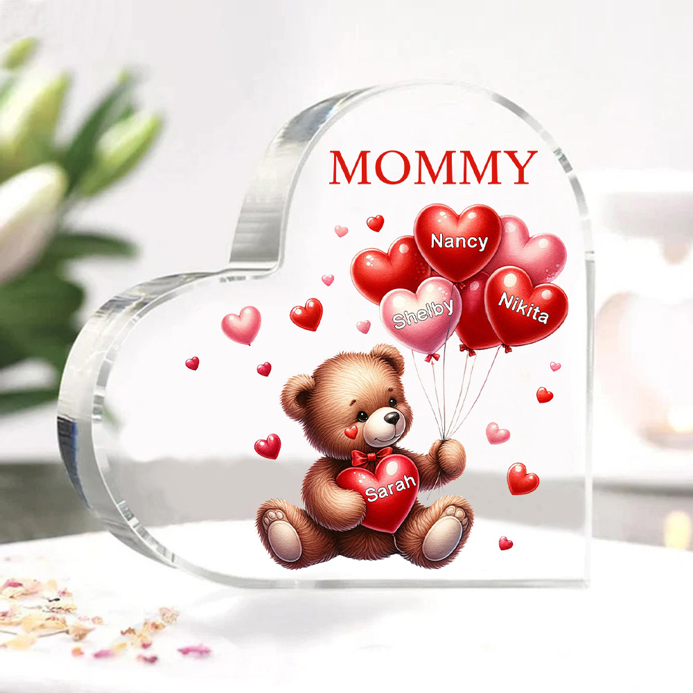 4 Names - Personalised Acrylic Heart Keepsake Custom Text Teddy Bear Balloon Ornaments Gifts for Grandma/Mother-Jessemade AU