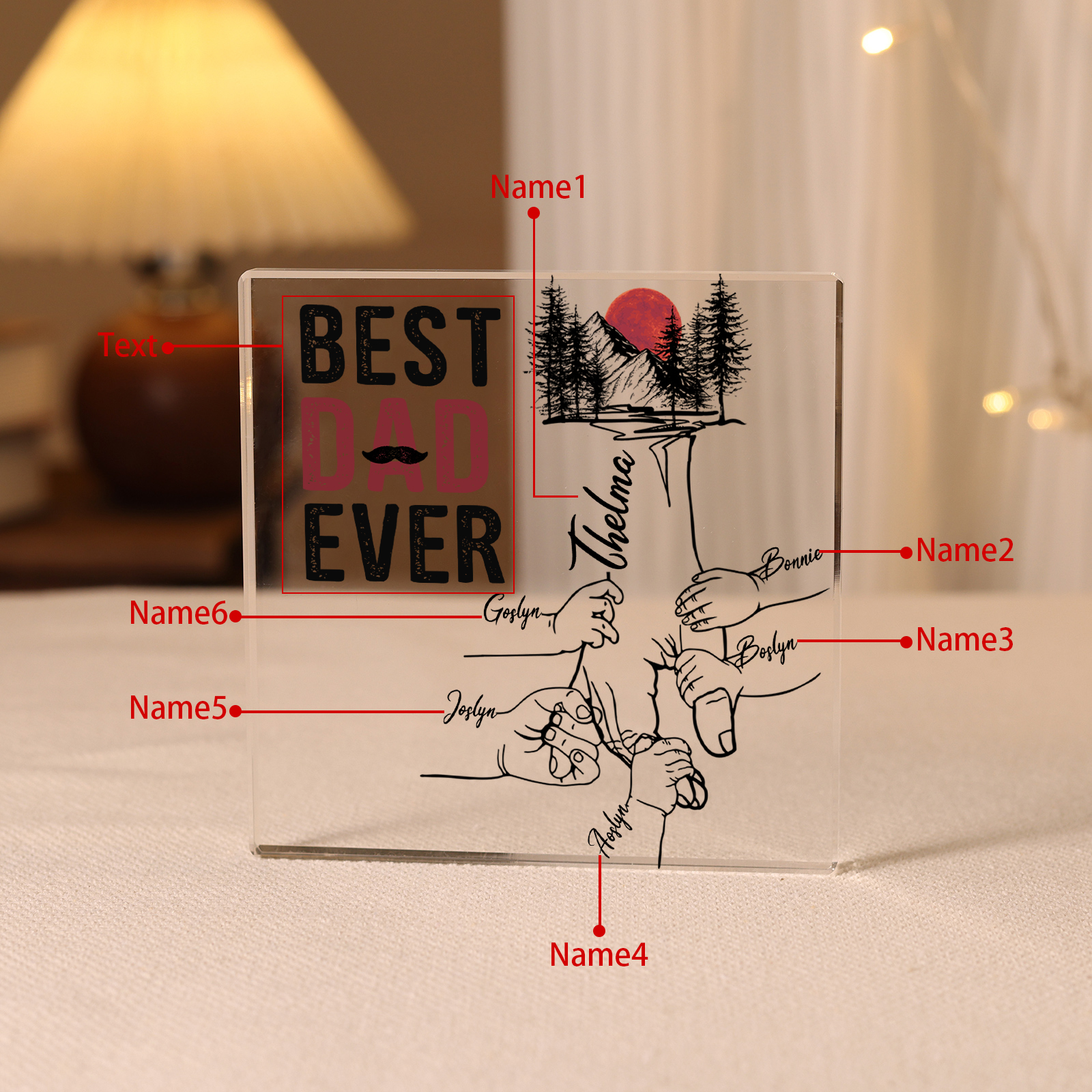 Personalised 6 Names & 1 Text Acrylic Square Keepsake Holding Hands Family Rectangle Plaque Gifts for Dad/Grandpa-Jessemade AU