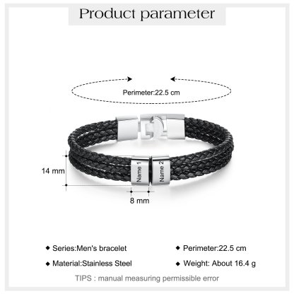 Personalised Braided Leather Bracelet Engraved 2 Names Men's Bracelet Gifts For Him-Jessemade AU