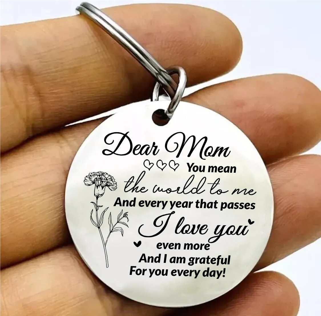 Personalised Text Keychain Circle Pendant Carnation Keychain Gift for Mum/Mom - You Mean The World To Me -Jessemade AU