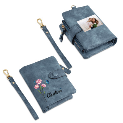 Personalised Women's Leather Wallet Custom Birthday Flower & Name & Photo Wallet Gift for Her