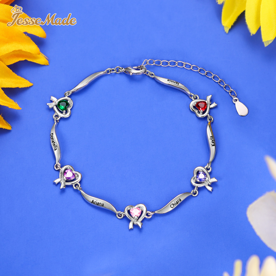 Personalised Heart Bracelet with 6 Birthstones Engraved Names Bracelet Gifts For Her-Jessemade AU