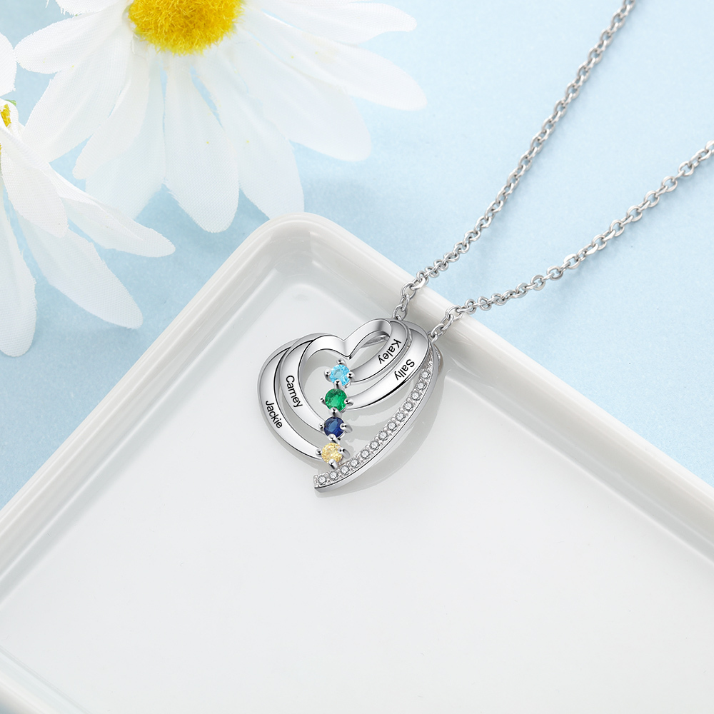 Personalised Family Heart Necklace With 4 Birthstones Engraved Names Gift For Her-Jessemade AU