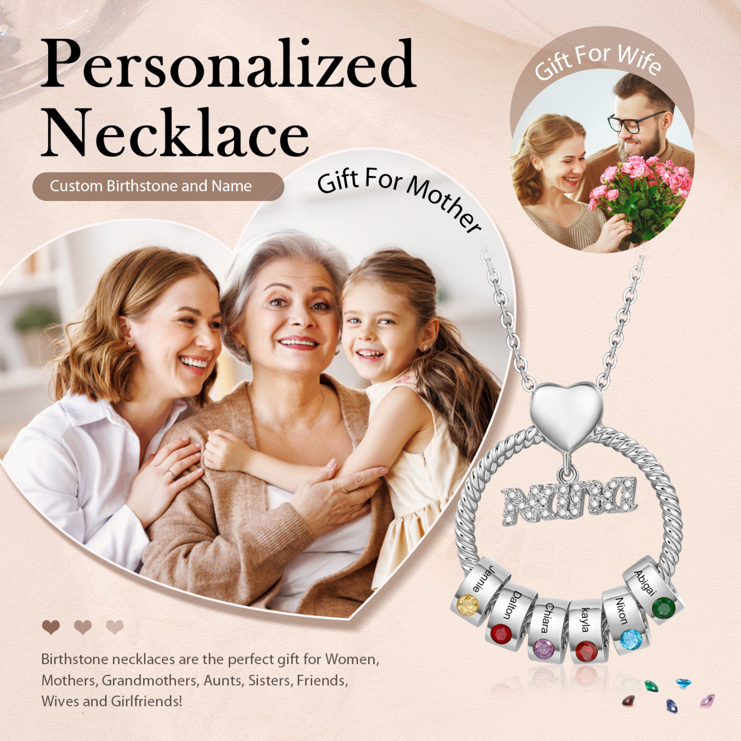 6 Names - Personalised Nana Necklace Custom Names & Birthstones Circle Pendant Necklace Gift for Grandma Nana-Jessemade AU