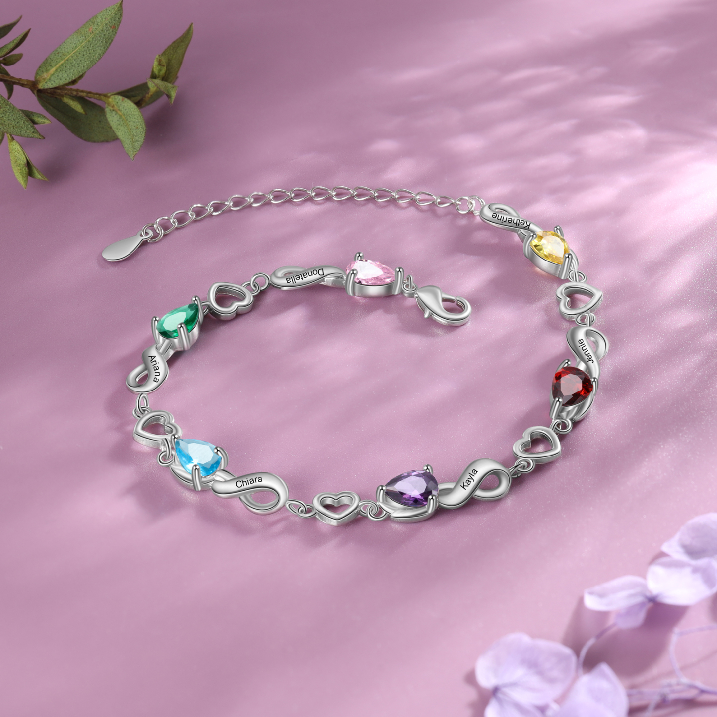 Personalised 6 Birthstones Heart Bracelet Engraved Names Bracelet Gifts For Women-Jessemade AU
