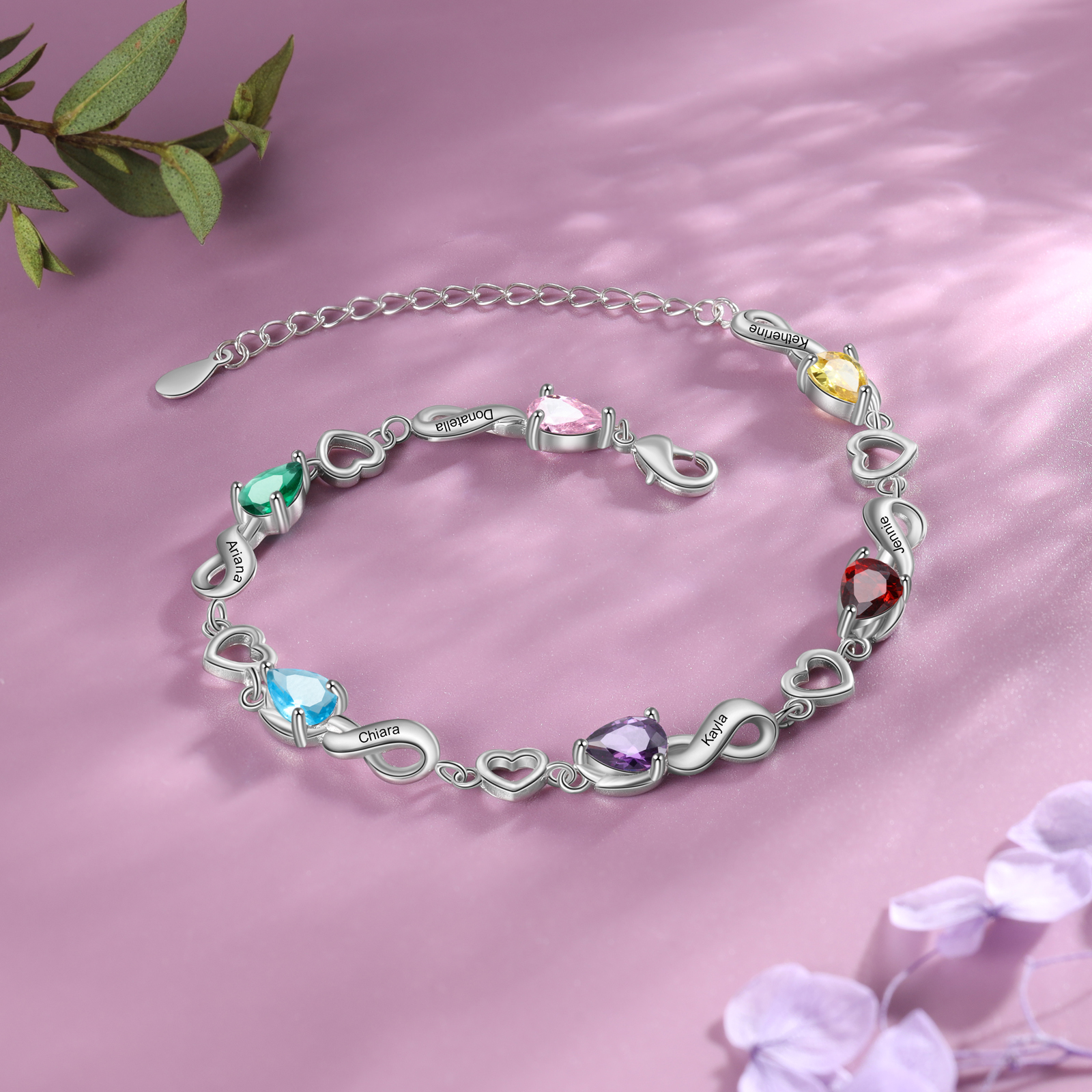Personalised 6 Birthstones Heart Bracelet Engraved Names Bracelet Gifts For Women-Jessemade AU