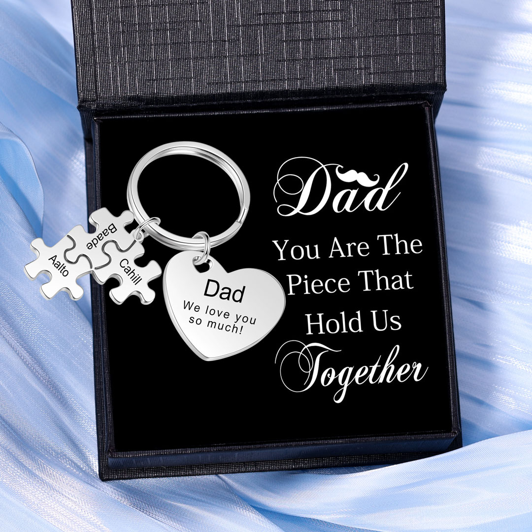 3 Names - Personalised Puzzle Pieces Keychain Custom 1 Text Heart Keychain Gifts For Dad/Mom-Jessemade AU