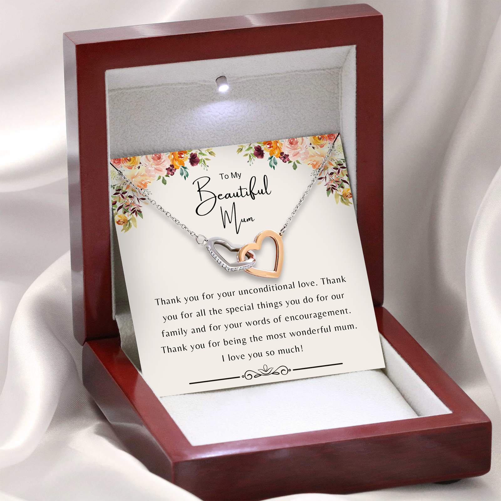 To My Beautiful Mum Interlocking Heart Sterling Silver Necklace Gift Set Intertwined Love Necklace - Thank You For Your Unconditional Love