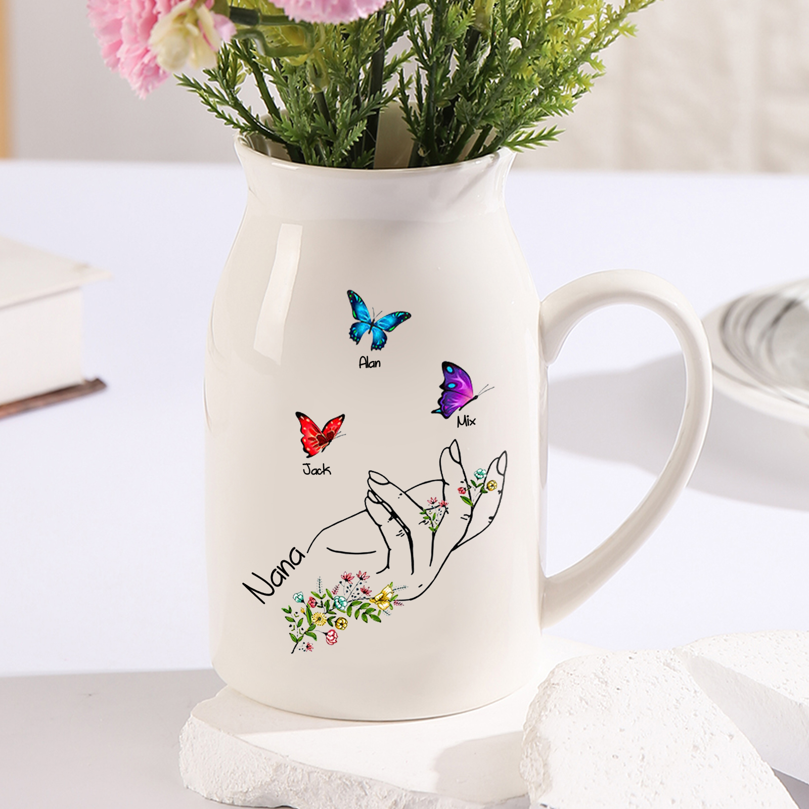 Personalised Ceramic Flower Vase Custom 2–8 Names & 1 Text Butterfly In Hand Vase Gift for Mother/Grandma-Jessemade AU