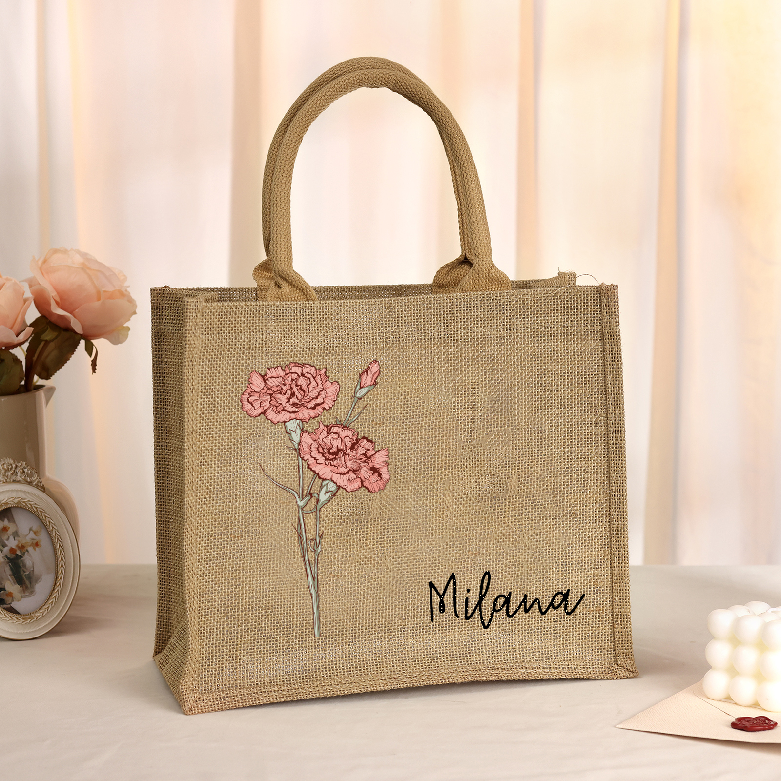 Personalised Birth Flower & Name Tote Bag Beach Jute Bag Birthday Wedding Party Travel Gift for Women/Girls-Jessemade AU