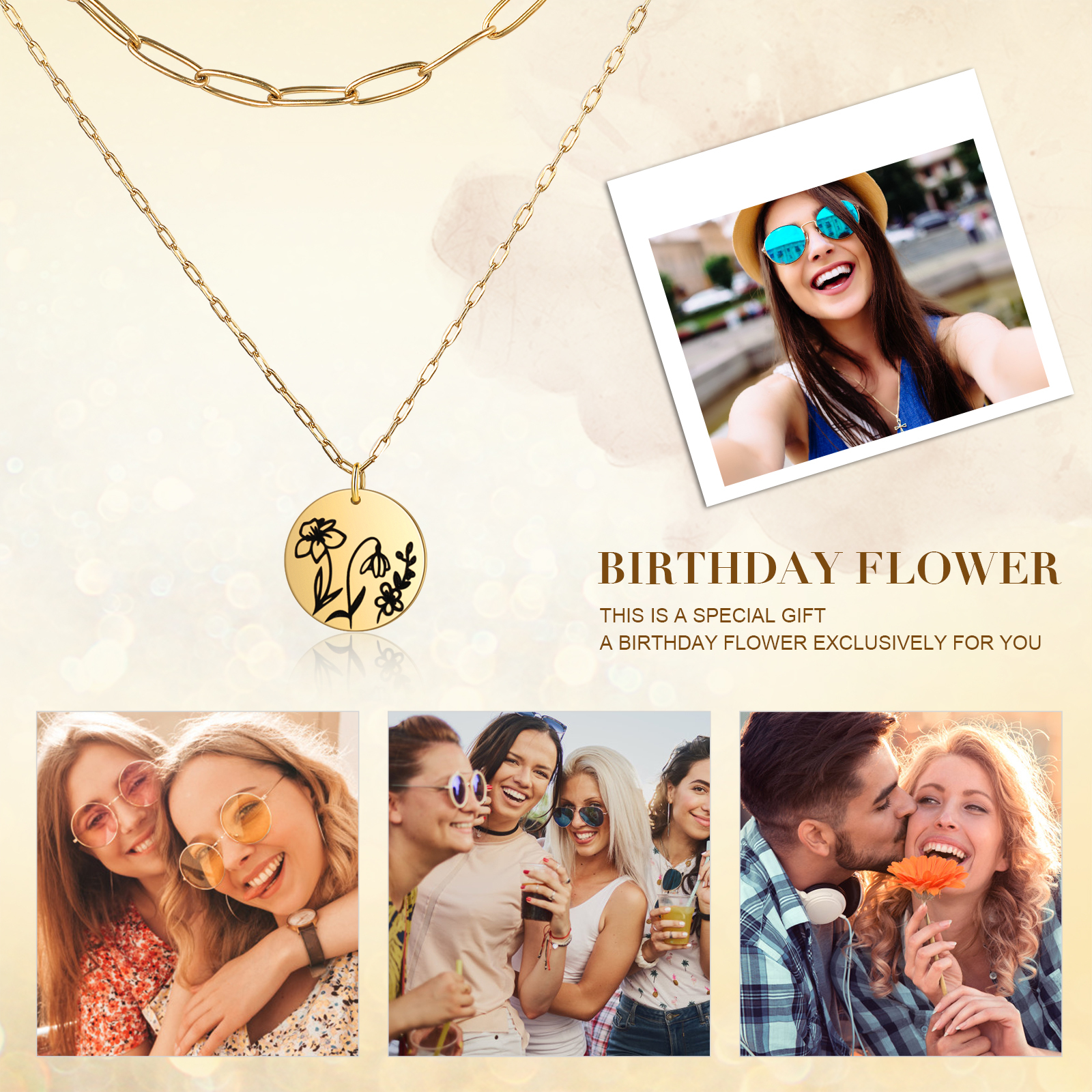 Personalised Double Necklace With 2 Birthflowers Engraved Name Gift For Her-Jessemade AU