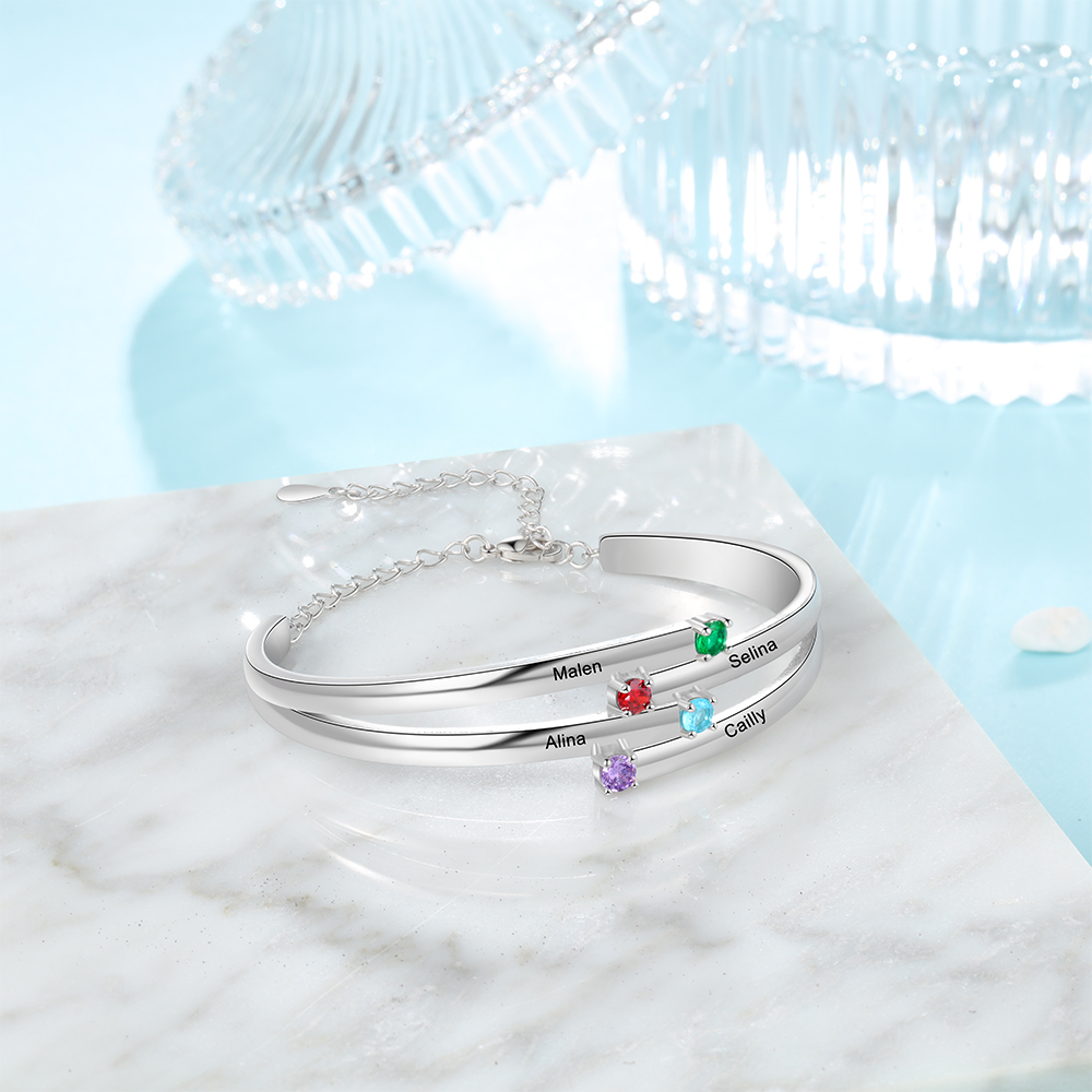 Personalised Bracelet With 4 Birthstones Engraved Names Bracelet Gift For Women-Jessemade AU