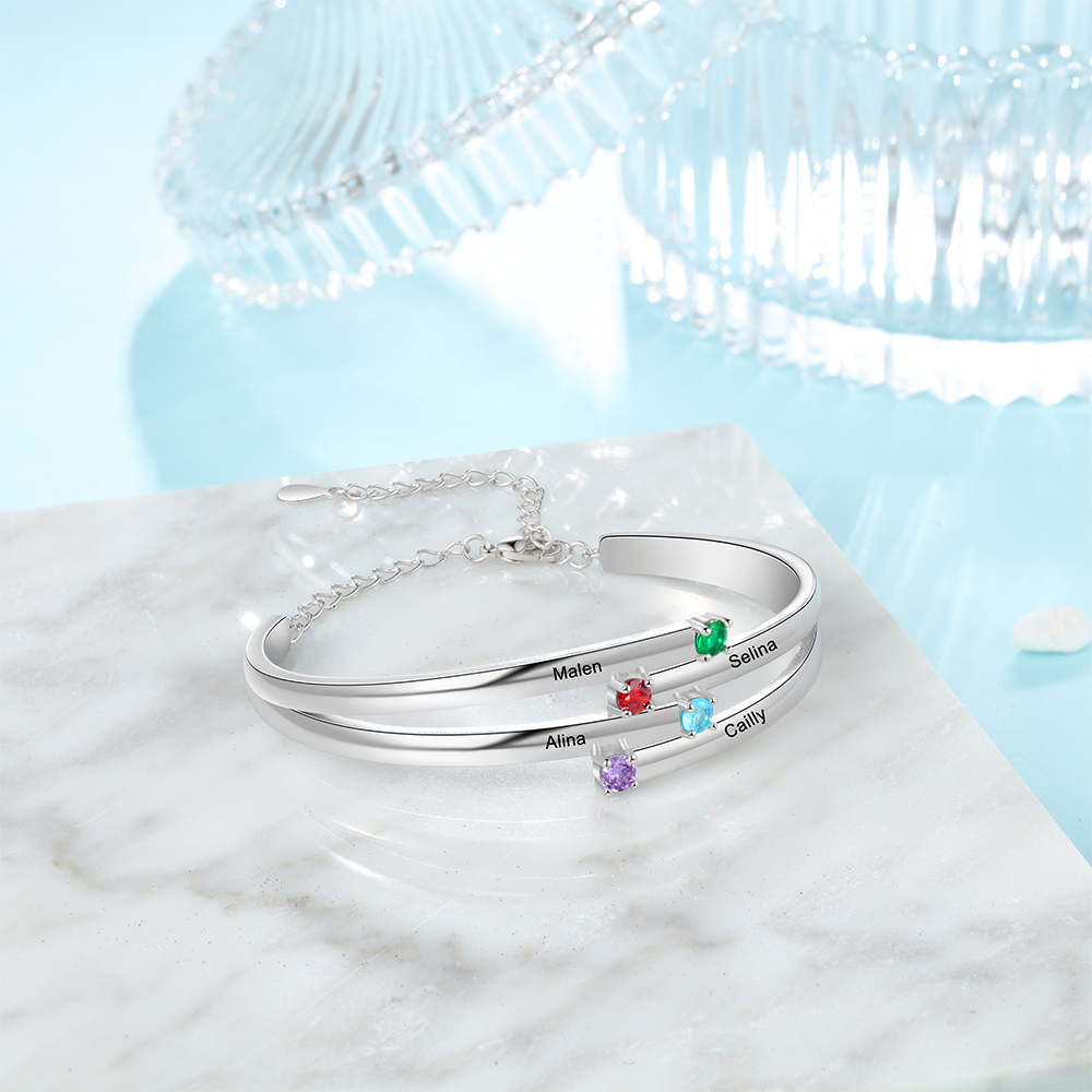Personalised Bracelet With 4 Birthstones Engraved Names Bracelet Gift For Women-Jessemade AU