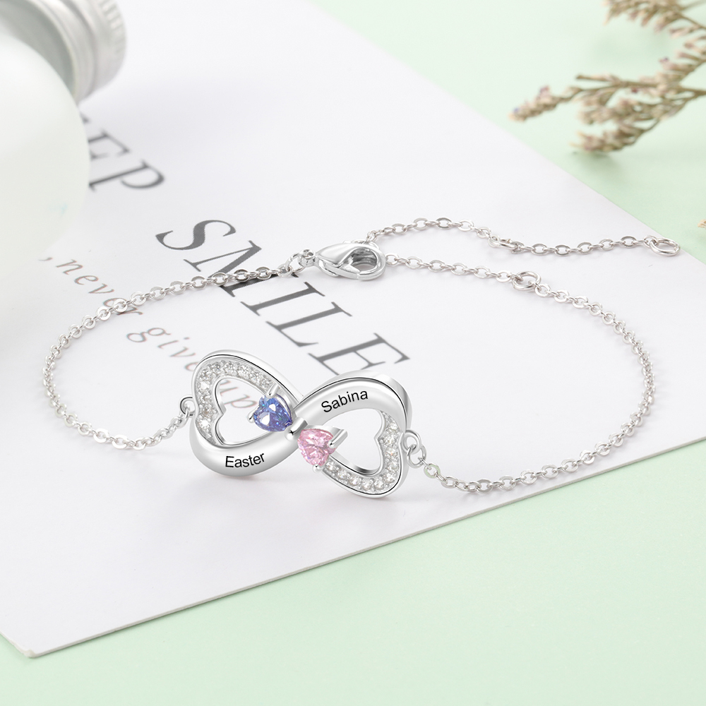 Personalised Bracelet With 2 Heart Birthstones Engraved Names Bracelet Gift For Women-Jessemade AU