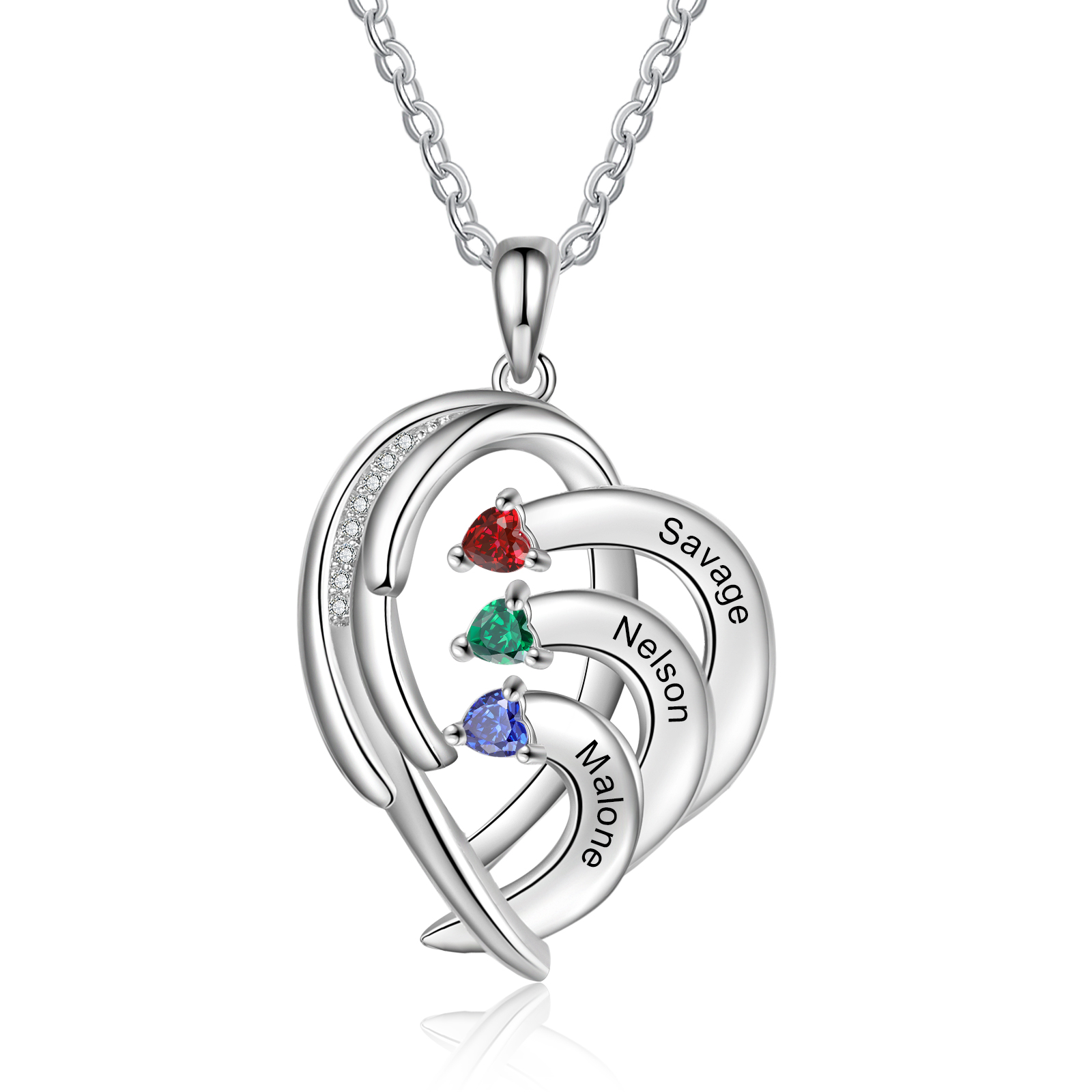 Personalised Heart Wings Necklace With 3 Birthstones Custom Names Necklace Gift For Her-Jessemade AU